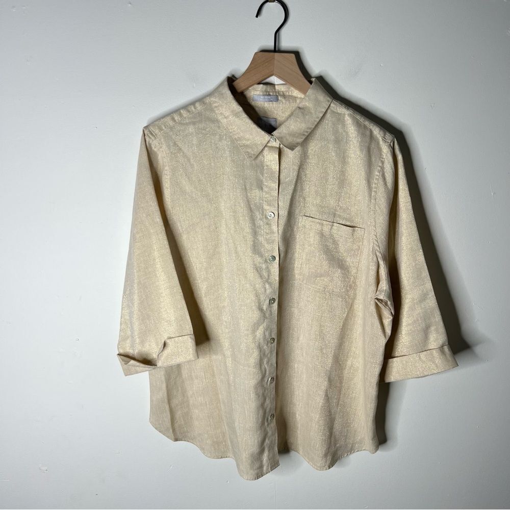 Chico's Gold-Toned No-Iron Button Down Shirt Holiday Party Sparkle size 3 16-18